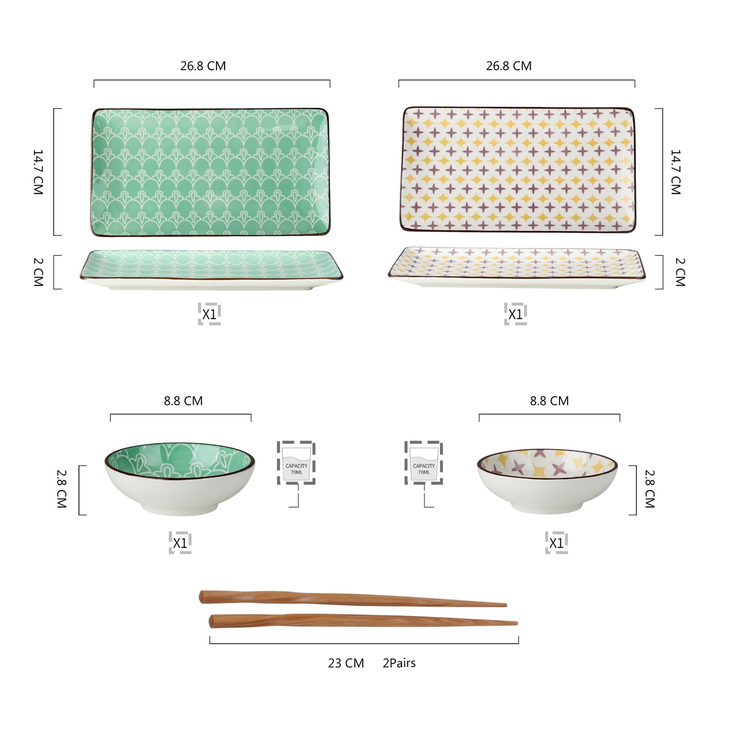 Pre-Order Set Ăn Sushi Sứ Cao Cấp 2 Đĩa Sushi, 2 Đĩa Nhúng, 2 Đôi Đũa Tre - Cocolilistore