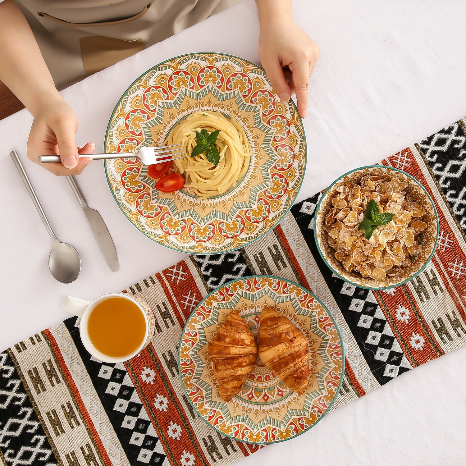 Pre-Order Set Bộ Đồ Ăn Bằng Sứ Màu Cam Cây Họa Tiết Boho - Cocolilistore