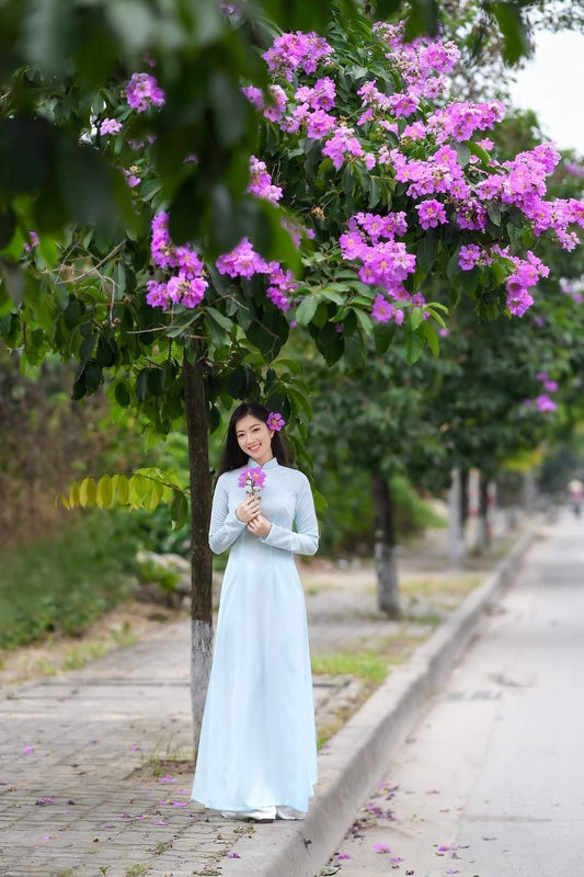 Ao dai lua chiffon 4 ta mau xanh blue - Cocolilistore