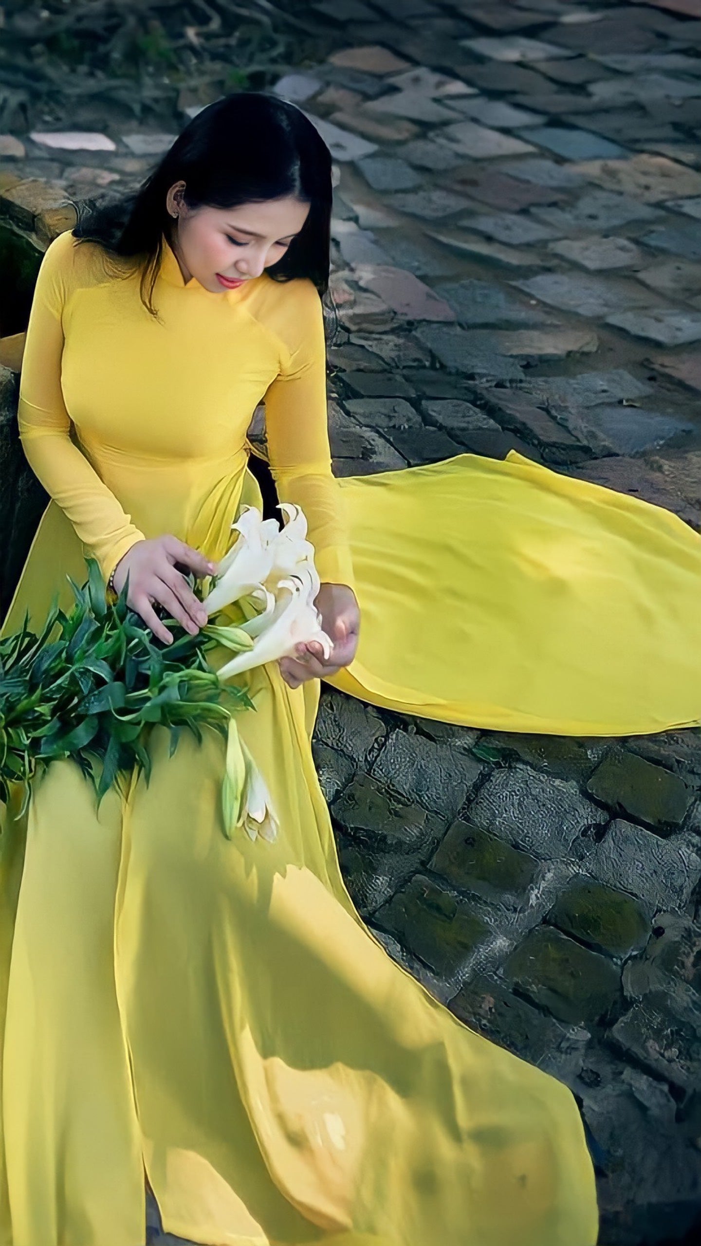 760 shipnhanh Áo + quần - Áo dài lụa chiffon 4 tà màu vàng - Cocolilistore