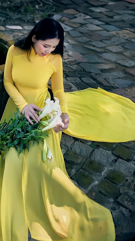 760 shipnhanh Áo + quần - Áo dài lụa chiffon 4 tà màu vàng - Cocolilistore