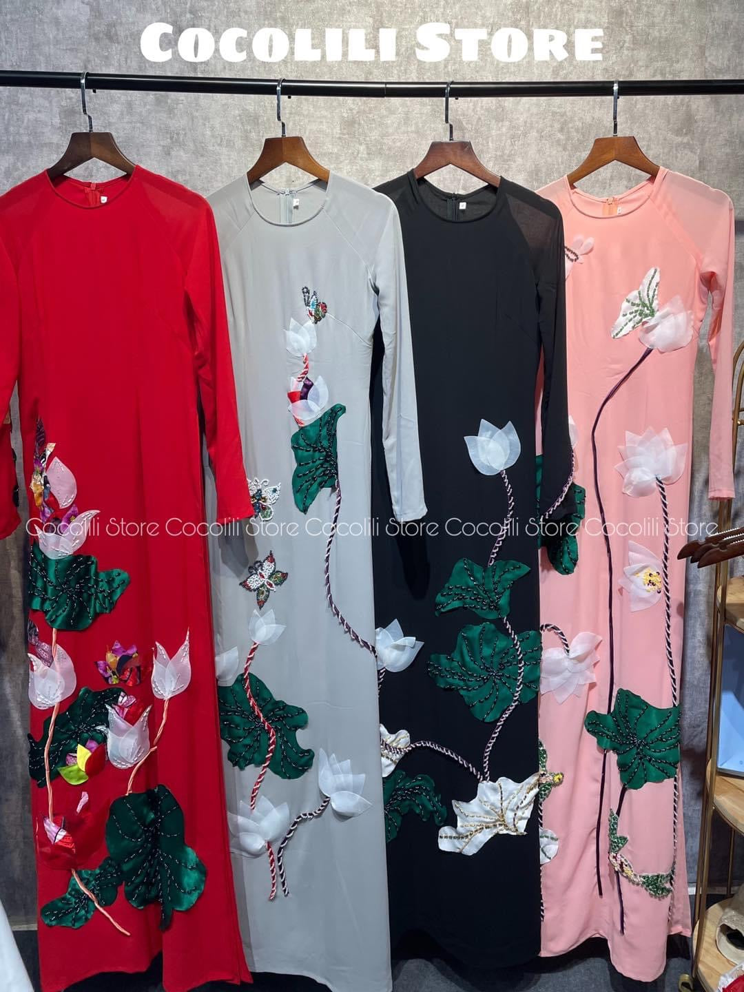 K71 Only áo - Áo dài chiffon 4 tà hoa sen đắp nổi