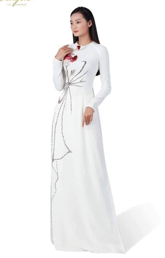 S2026 Only áo - Áo dài chiffon 4 tà trắng đính kết