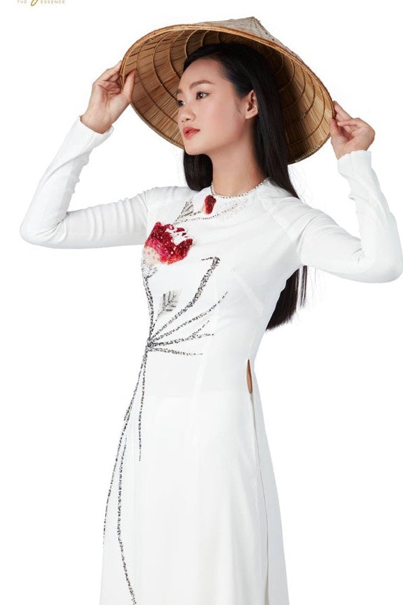 S2026 Only áo - Áo dài chiffon 4 tà trắng đính kết