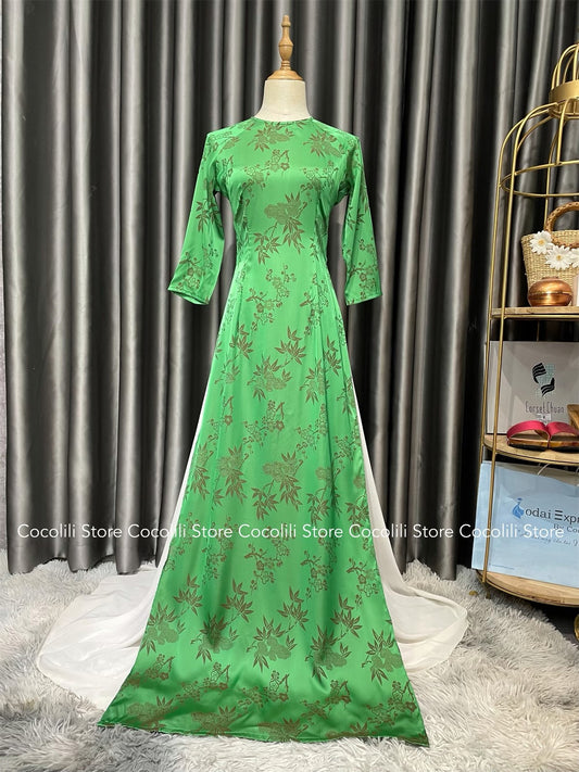 1748 shipnhanh Only áo - Áo dài lụa gấm 2 da xanh két - Cocolilistore