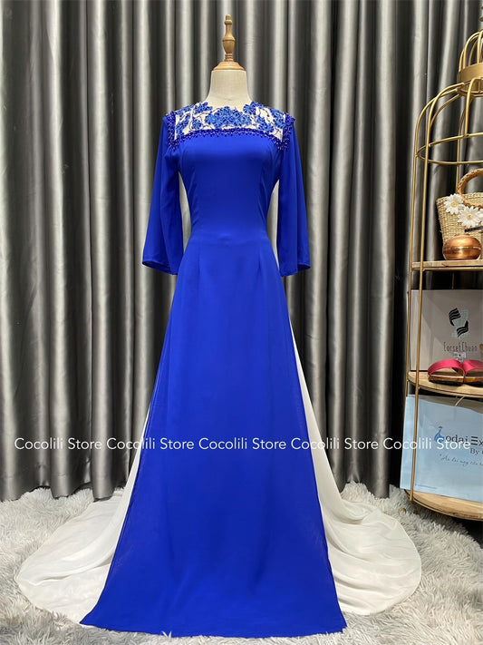 1750 shipnhanh Only áo - Áo dài chiffon 4 tà xanh coban phối ren ngực đính kết - Cocolilistore