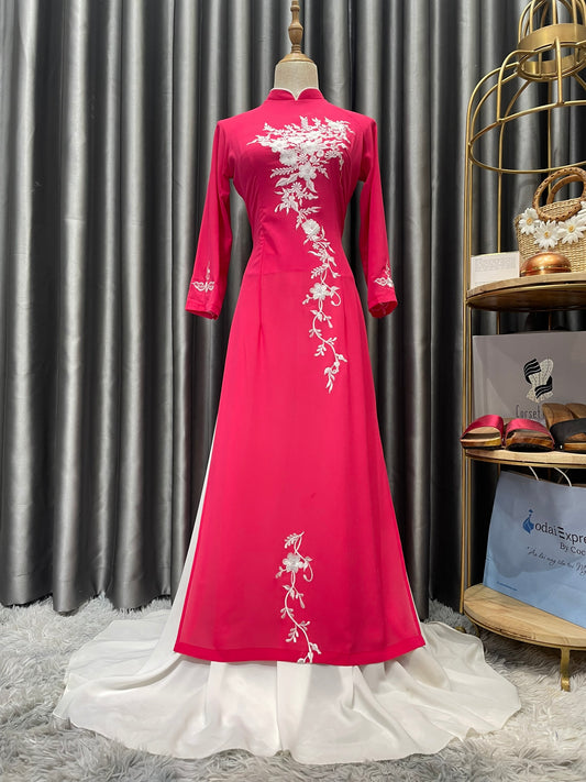 1804 shipnhanh Only áo - Áo dài lụa tằm thêu hoa trắng multi color - Cocolilistore