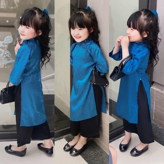BG07 BG08 BG09 BG10 shipnhanh Áo + quần + nơ cột tóc - Áo dài bé gái lụa gấm kèm quần 4 màu 2288 - Cocolilistore