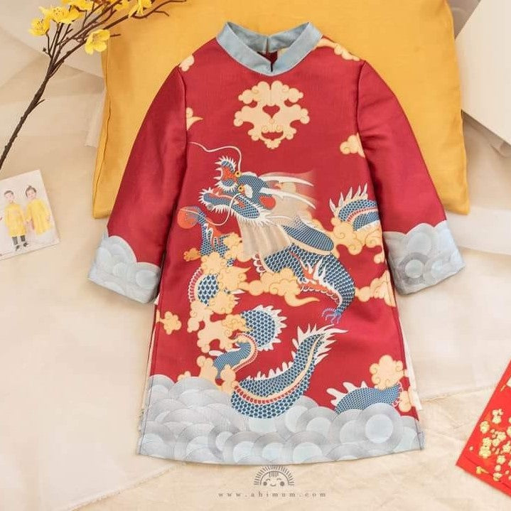 shipnhanh Only áo - Áo dài bé trai gấm in rồng 3D màu đỏ/vàng - Cocolilistore