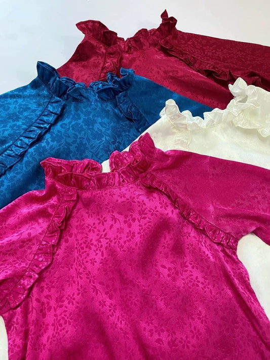 BG07 BG08 BG09 BG10 shipnhanh Áo + quần + nơ cột tóc - Áo dài bé gái lụa gấm kèm quần 4 màu 2288 - Cocolilistore