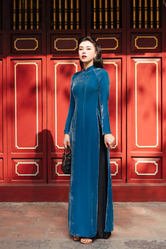 NT02 2316 shipnhanh dài 135cm Only áo - Áo dài nhung the cao cấp màu xanh dương - Cocolilistore