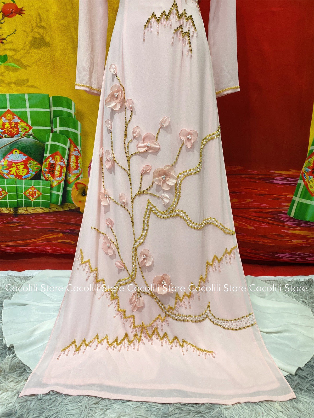 S25 shipnhanh Only áo - Áo dài thiết kế chiffon 4 tà màu hồng phấn đính kết hoa nổi 2358 - Cocolilistore