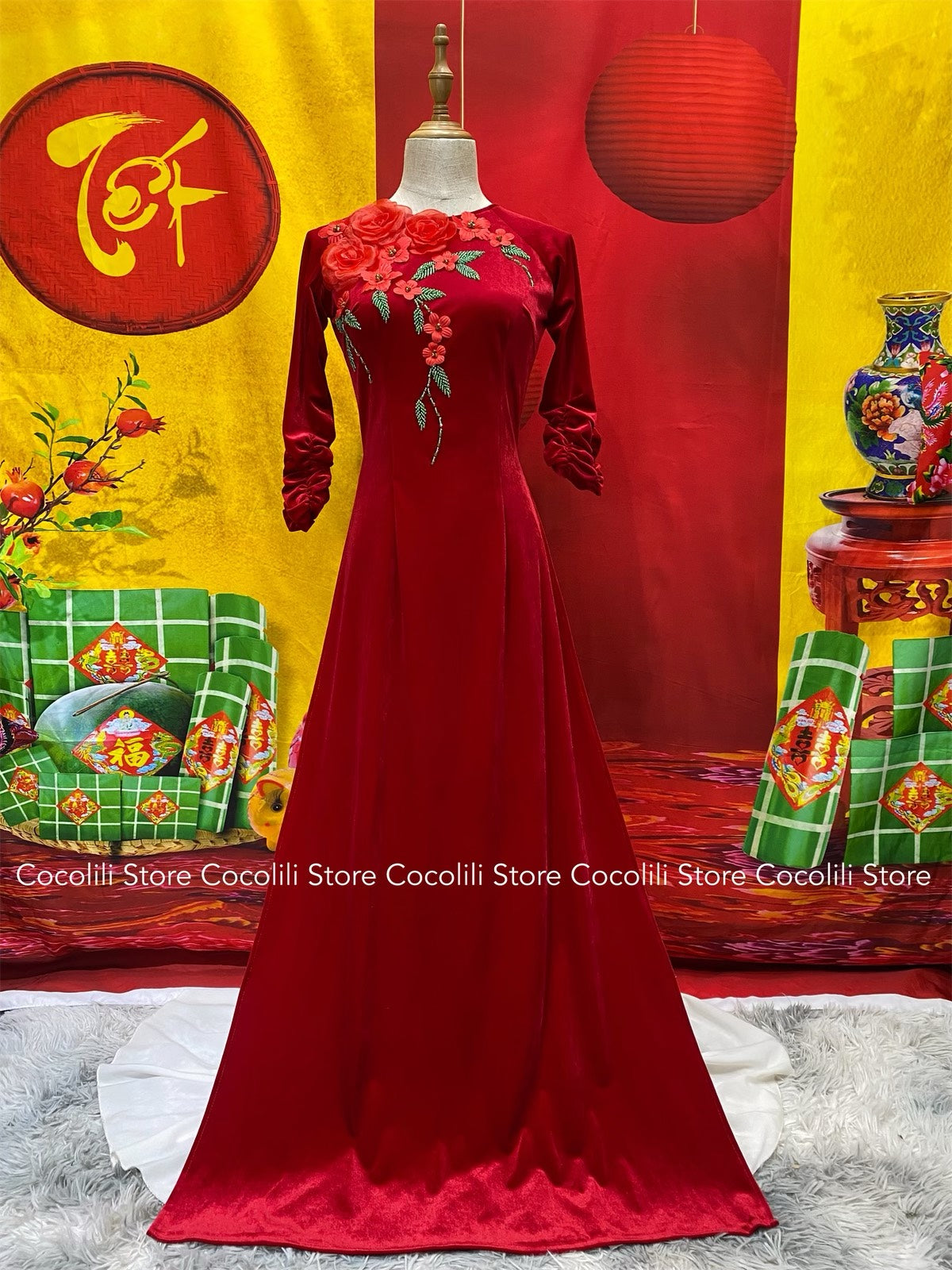 N37 shipnhanh Only áo - Áo dài nhung thun thiết kế màu đỏ đính hoa 2365 - Cocolilistore