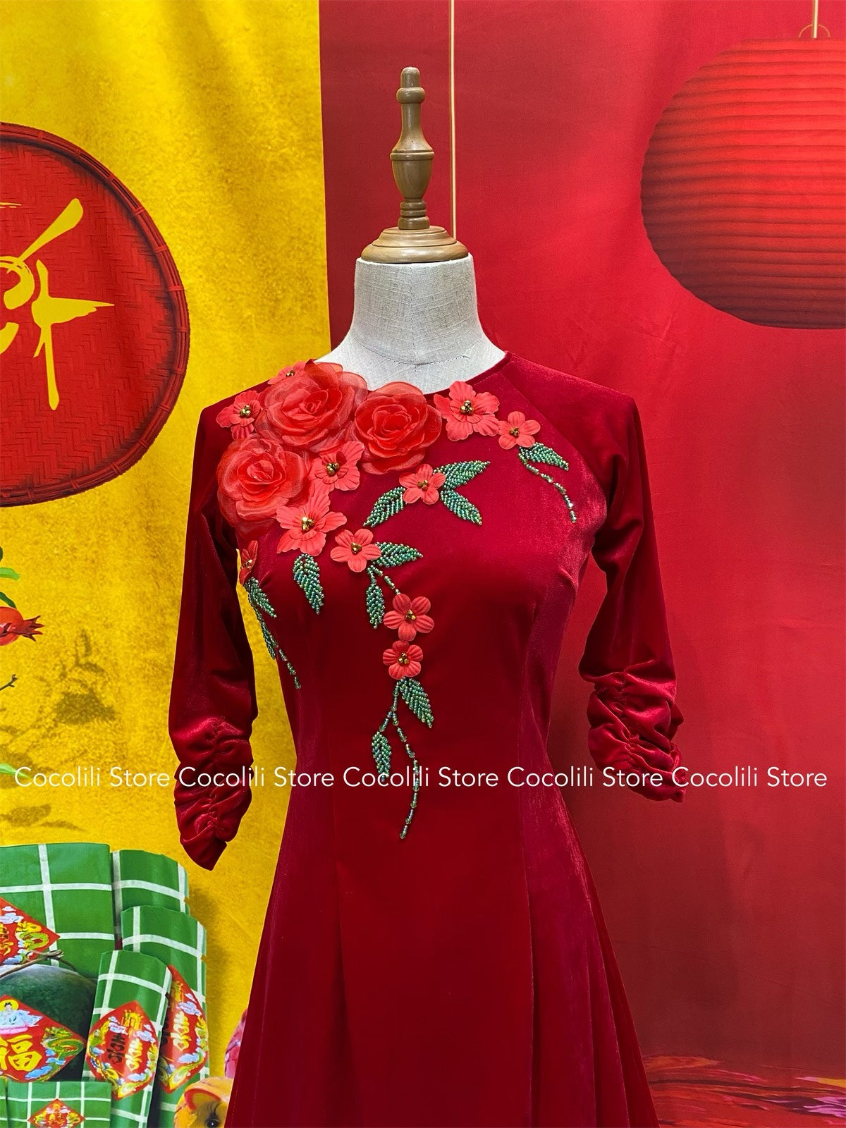 N37 shipnhanh Only áo - Áo dài nhung thun thiết kế màu đỏ đính hoa 2365 - Cocolilistore