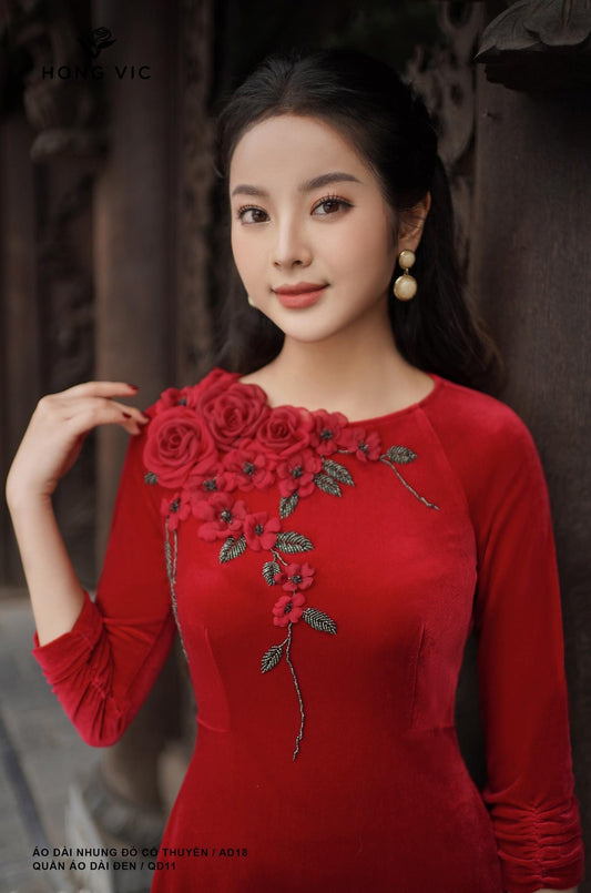 N37 shipnhanh Only áo - Áo dài nhung thun thiết kế màu đỏ đính hoa 2365 - Cocolilistore