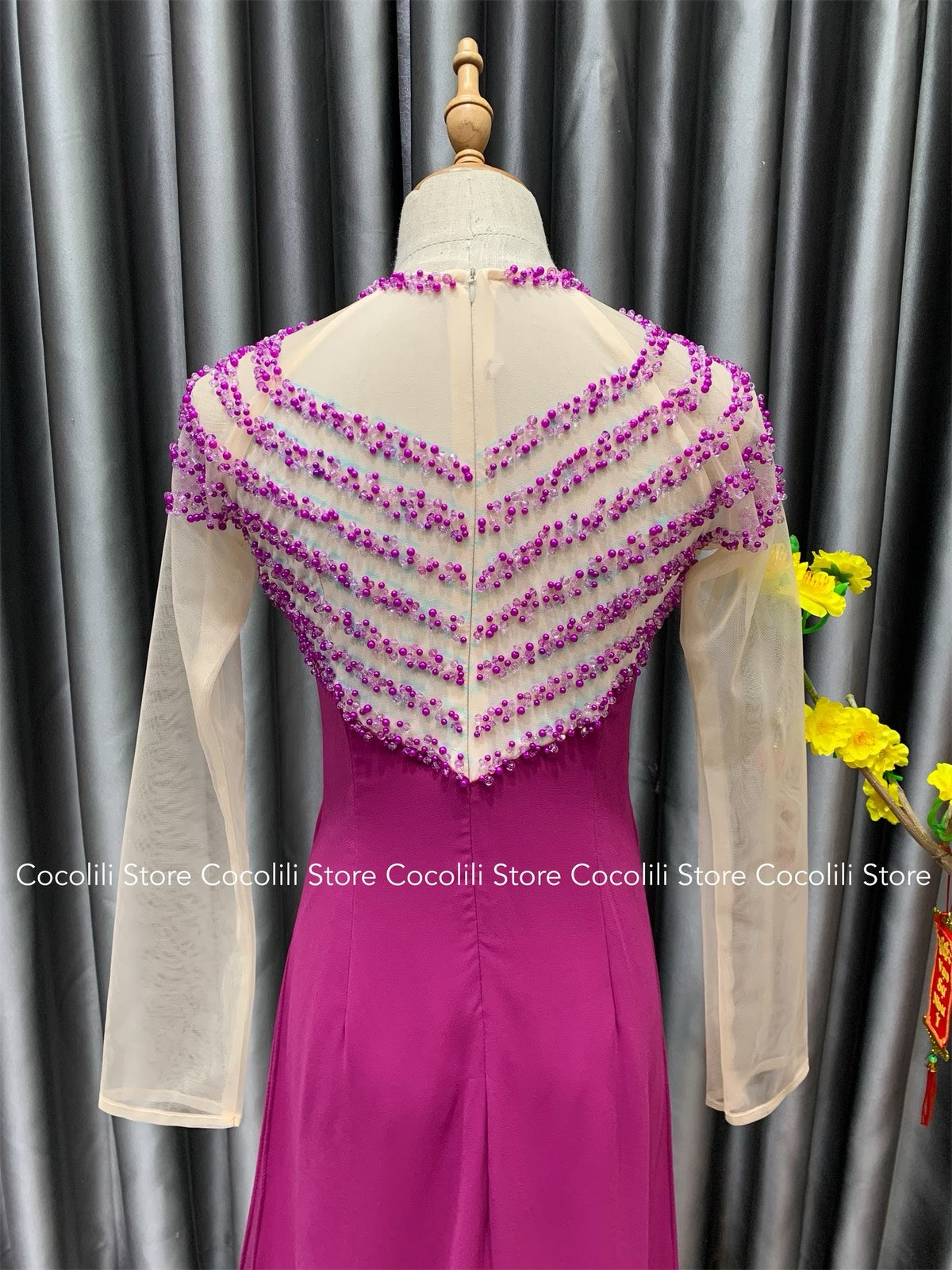 S27 shipnhanh Only áo - Áo dài thiết kế chiffon 4 tà phối tay ren màu tím cẩm đính kết sau lưng - Cocolilistore