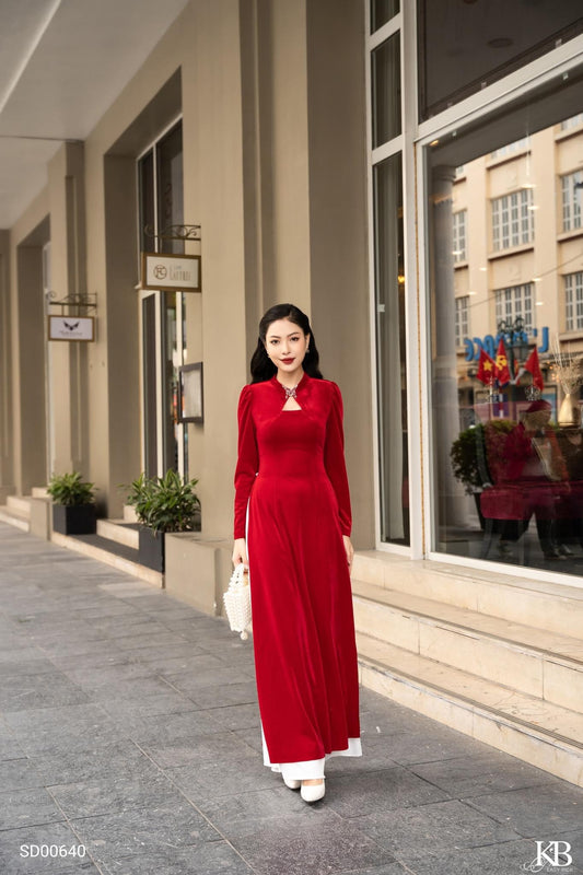 N41 3763 only áo - Áo dài nhung đỏ đô cổ cách điệu