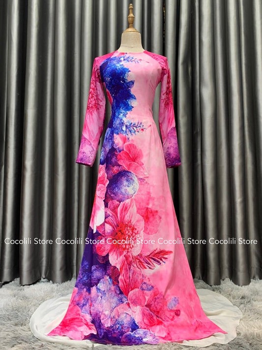 L72 only áo - Áo dài lụa mỹ in 3D loang hồng xanh