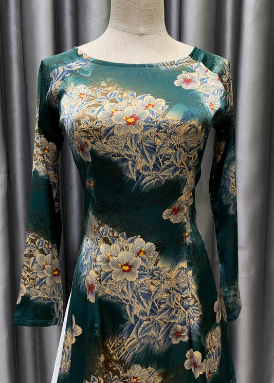 T103 3709 only áo - Áo dài lụa satin xanh rêu hoa chùm