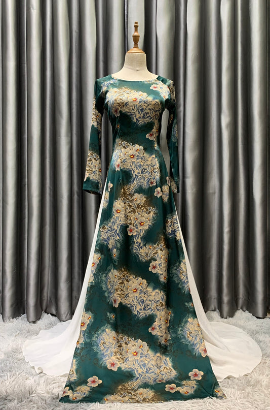 T103 3709 only áo - Áo dài lụa satin xanh rêu hoa chùm